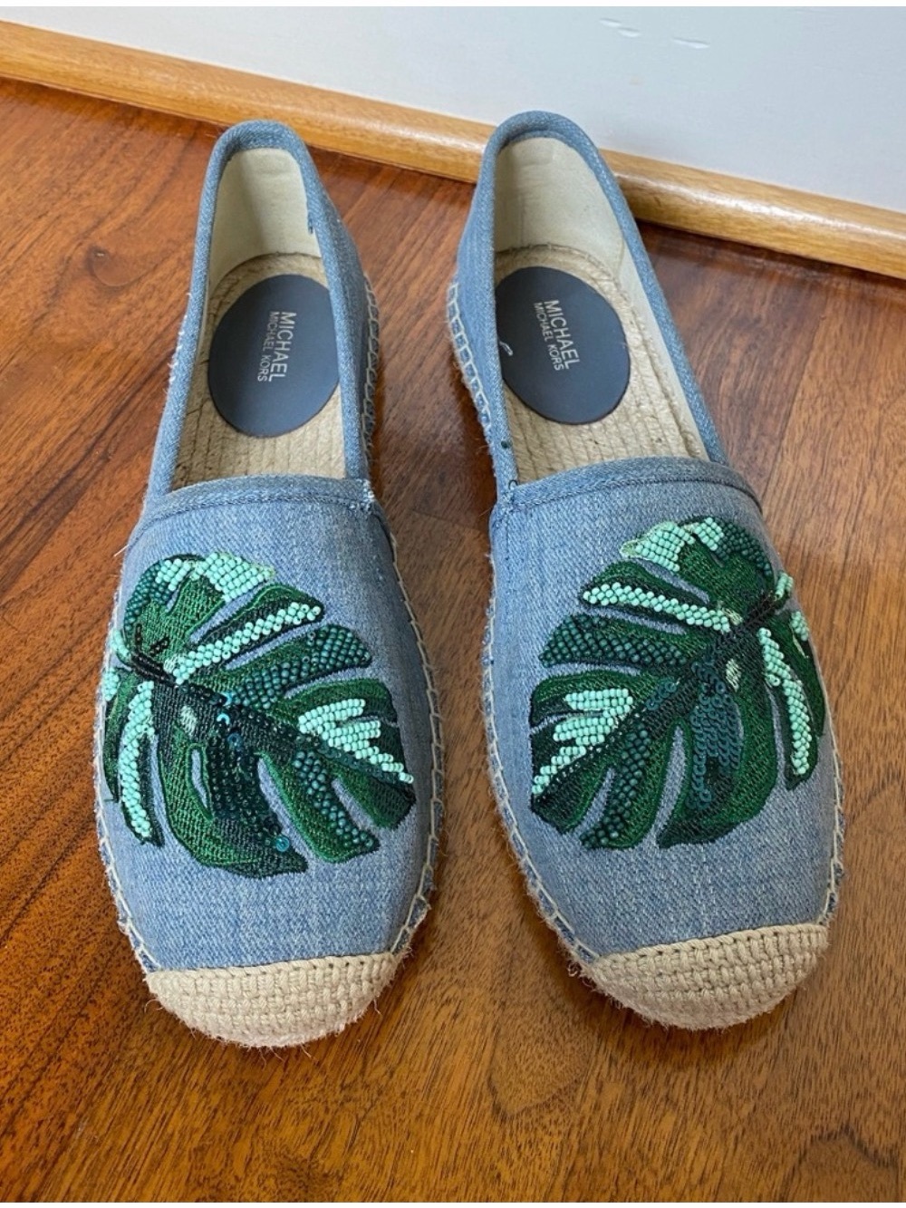 Michael Kors Denim Espadrilles with Green Sequin Leaf Motif